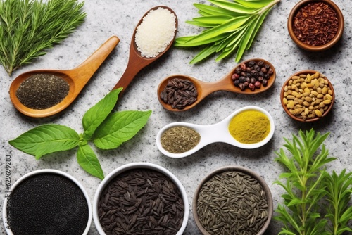 Collection of herbal plants  teas and natural remedies. Assortment of herbs and spices. Food and cuisine ingredients. Various homeopathy related images in a collage.