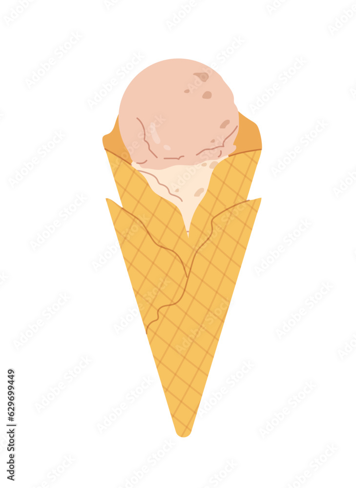 Dessert ice cream sticker concept. Waffer cone with vanilla frozen delicacy at hot weather and summer season. Poster or banner. Cartoon flat vector illustration isolated on white background Dessert ice cream sticker concept. Waffer cone with vanilla frozen delicacy at hot weather and summer season. Poster or banner. Cartoon flat vector illustration isolated on white background