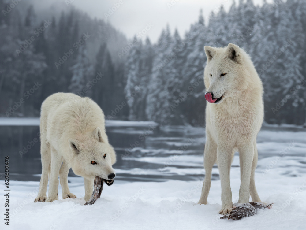 Obraz premium two polar wolves eat their prey in the forest