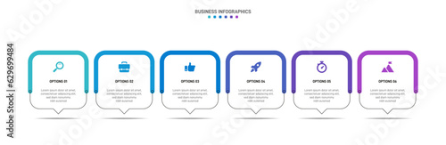 Timeline infographic with infochart. Modern presentation template with 6 spets for business process. Website template on white background for concept modern design. Horizontal layout.