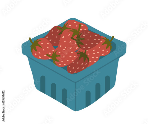 Basket with strawberries concept. Natural and organic products, berries. Summer season and nature. Food for picnic. Cartoon flat vector illustration isolated on white background