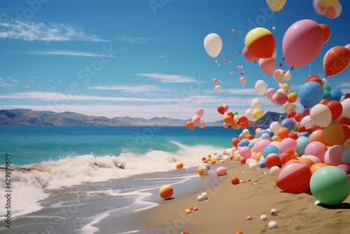 Colorful balloons flying away in the wind at empty beach. Windy sunny summer day at a tropical coast, sand, waves and blue sky