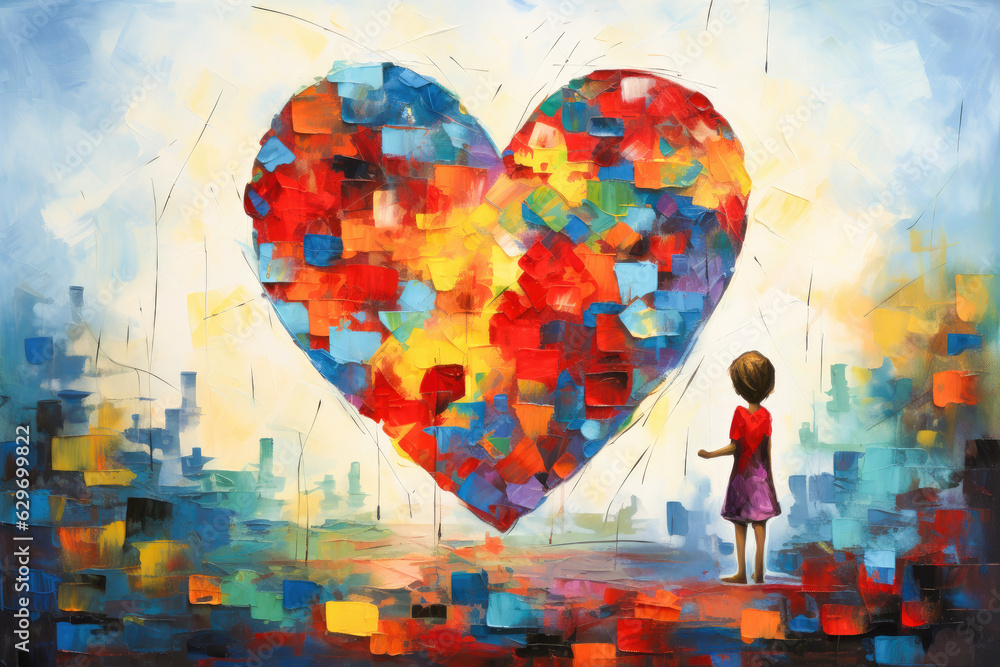 World autism awareness day concept. An autistic girl painting a heart of many colors. Generative AI.
 - obrazy, fototapety, plakaty 