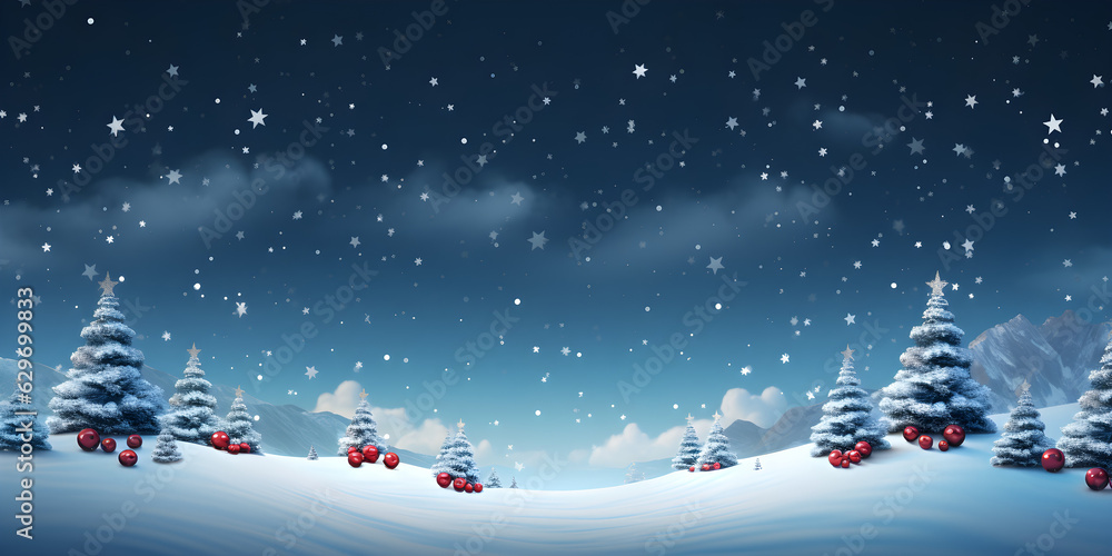 Naklejka premium Christmas Eve's Embrace: A serene, snowy landscape glistens under a starlit sky, adorned with snow-laden trees and the soft glow of Christmas magic.