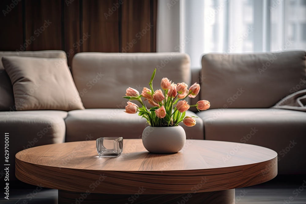 The background of a modern living room interior is blurred, showcasing a wooden table top as the main focus.