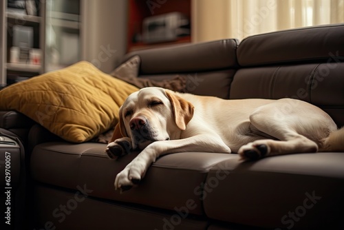 The adorable Labrador is resting comfortably on the sofa in a room where the air conditioner is running.