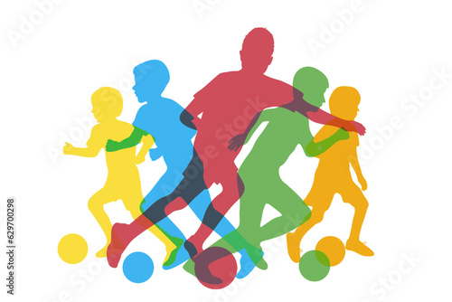 Silhouettes of soccer players boys  kicking ball. Vector illustration