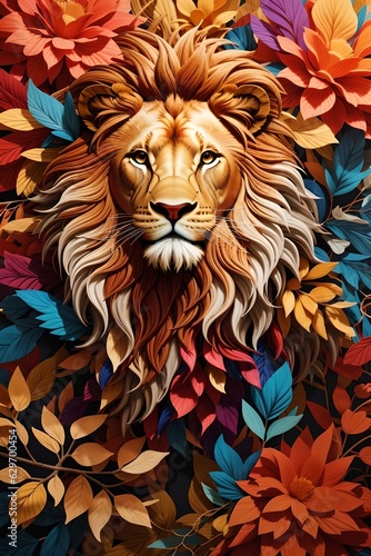 lion in colorful leaves