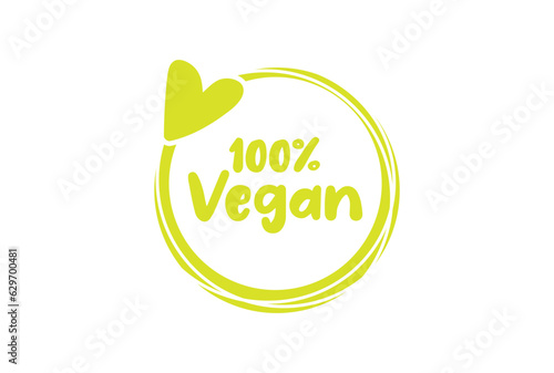 Vegan 100% sign, label, sticker, text design with green line contour and heart, white background