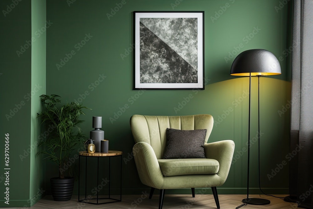 Φωτογραφία The background of the living room is adorned with a green colored wall, accompanied by a decorative chair in a shade of grey