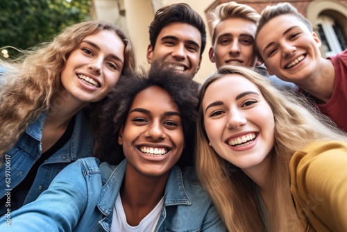 Multiracial group of friends having fun together outdoors on city street- Young cheerful people walking hugging outside- Next gen z lifestyle concept-Smiling student enjoying vacation