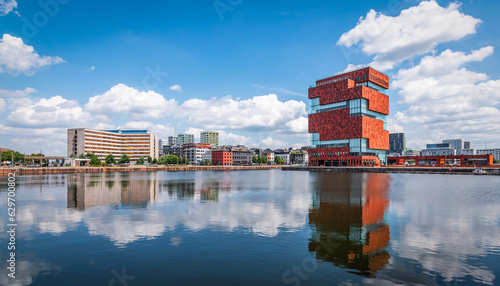 Antwerp skyline at port, Belgium. Panoramic view of buildings reflecting in the water.
