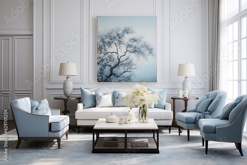 Sophisticated living room decor in shades of blue and white  furnished with a comfortable armchair and sofa.