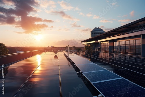 The buildings rooftop is equipped with solar panels to harness and utilize clean energy from sunlight, which can be used by people in their daily lives worldwide. The backdrop of the image features a © 2rogan