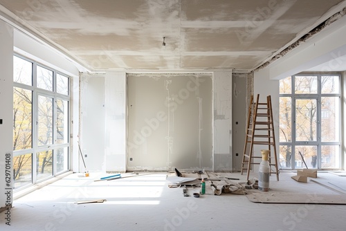 Obraz na płótnie The construction project includes the installation of plasterboard, specifically for gypsum walls, in an apartment that is undergoing various processes such as construction, remodeling, renovation w salonie