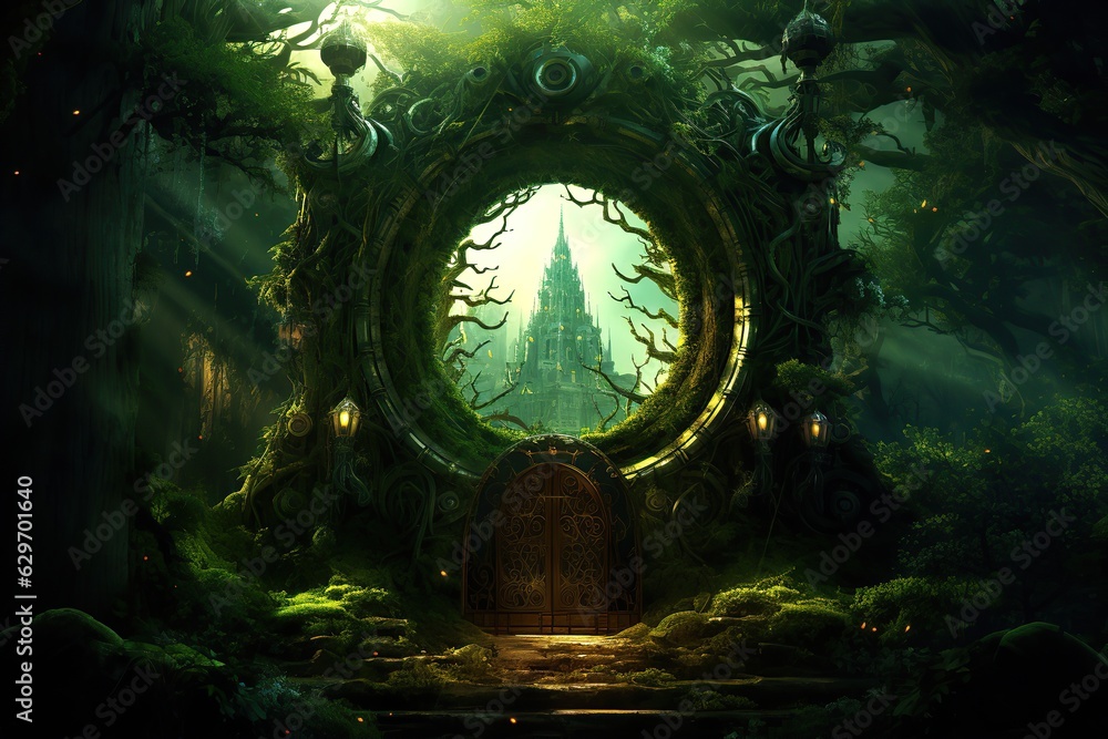  Forest with magic portal. Ai art. Mystery gate