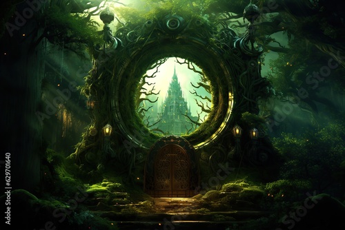  Forest with magic portal. Ai art. Mystery gate