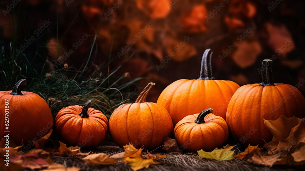 Pumpkins and fallen leaves. Autumn background. AI generated Pumpkins and fallen leaves. Autumn background. AI generated