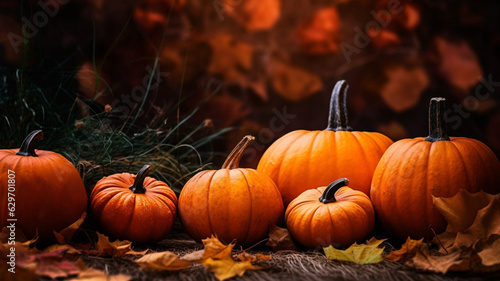 Pumpkins and fallen leaves. Autumn background. AI generated