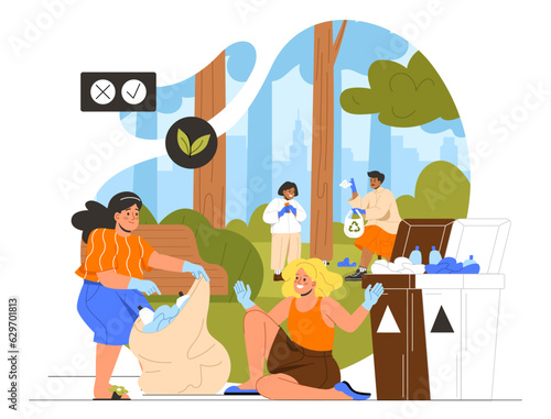 Children cleaning park concept. Men and women pick up trash from ground. Caring for nature and environment. Activists and volunteers in public park. Cartoon flat vector illustration