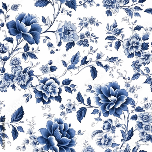 Seamless floral pattern, tileable blue and white country style print with flowers for wallpaper, wrapping paper, scrapbook, fabric and product design, generative ai photo