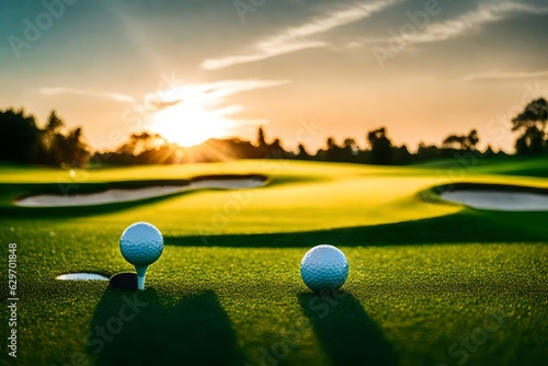A close-up of a pristine golf ball resting in the dew-kissed grass, surrounded by a halo of morning sunlight filtering through the trees.
