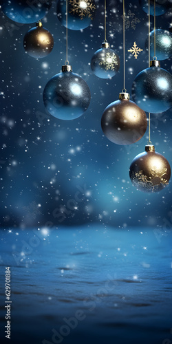 Blue theme wallpaper Christmas with snow and ball decoration  Generative AI