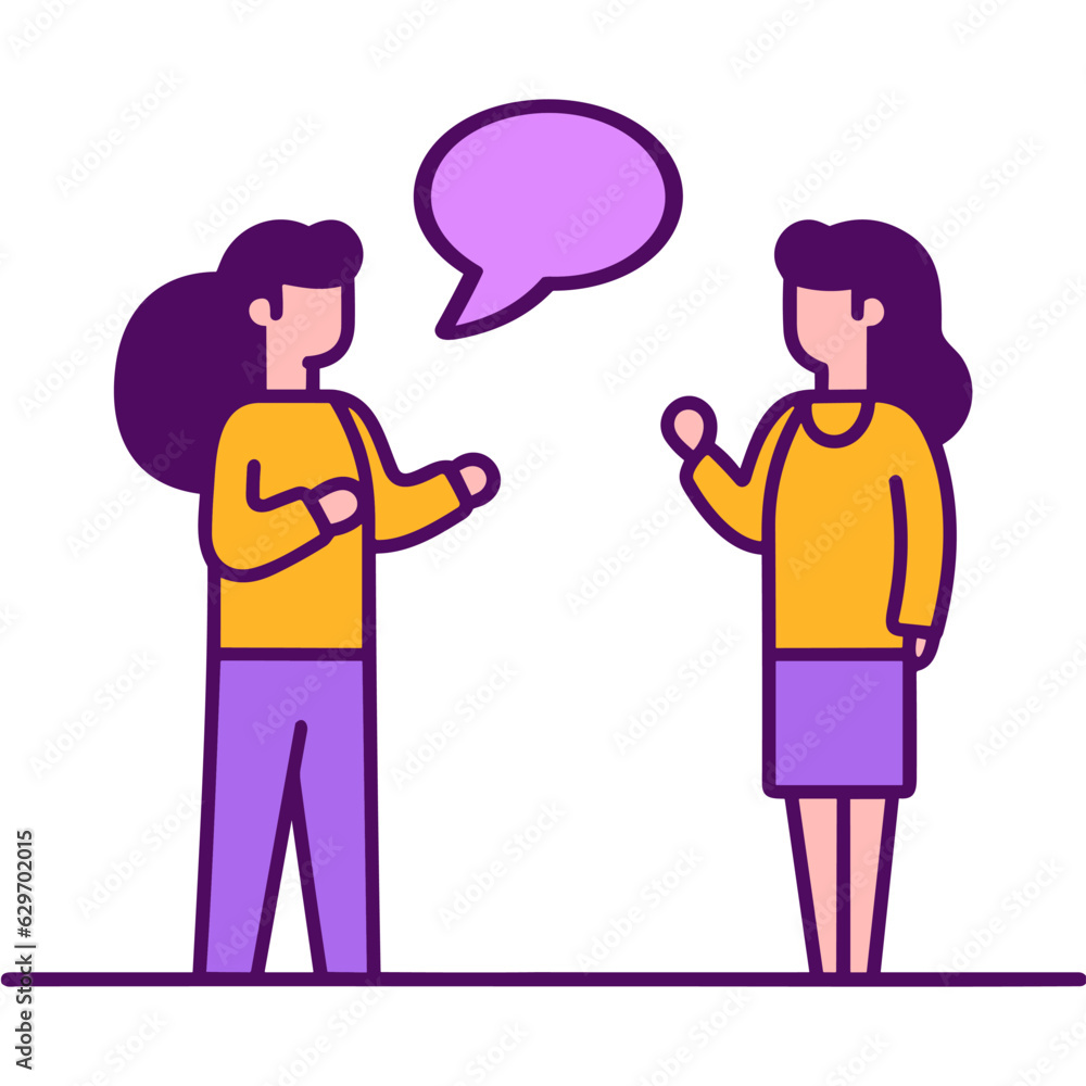 Two women talking discussing work with speech bubble. Outlined flat vector illustration yellow and purple. Two women talking discussing work with speech bubble. Outlined flat vector illustration yellow and purple.
