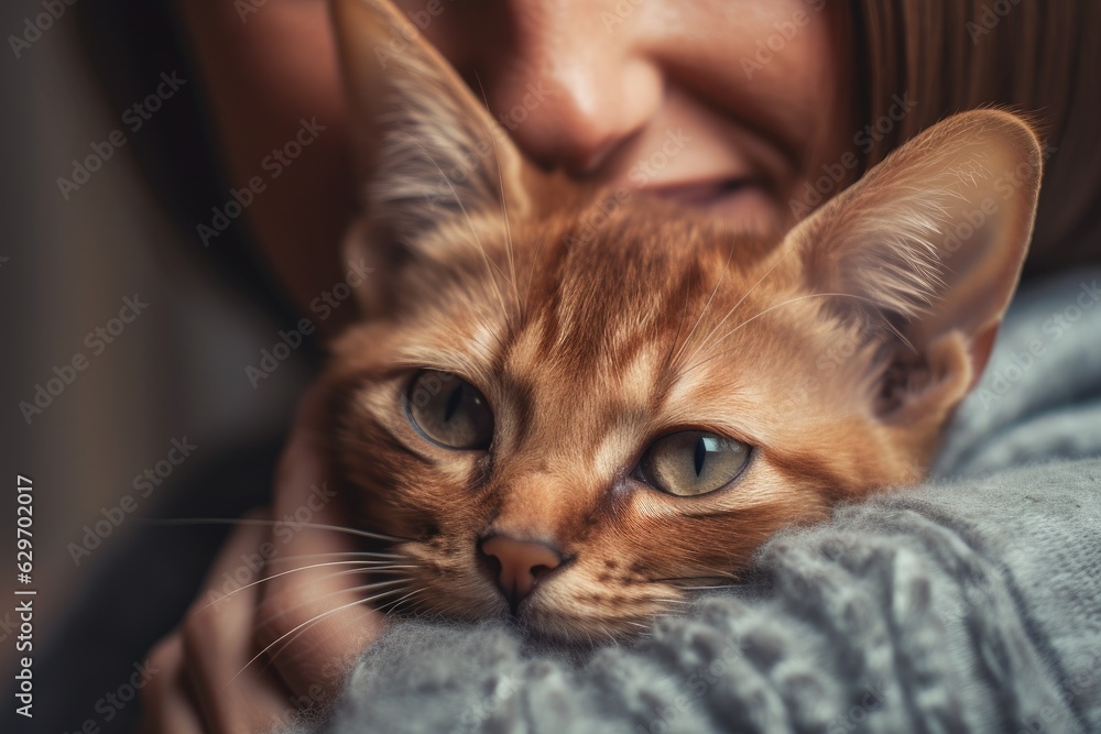 Selective focus image of a cute abyssinian kitten being affectionately cuddled by a woman, showcasing the loving bond between humans and cats. The picture highlights the care and coziness of a pet