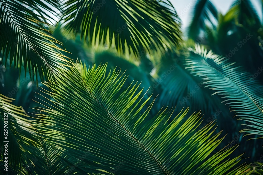 Vibrant palm tree leaves sway gently against a backdrop of azure skies, kissed by the golden hues of a setting sun.