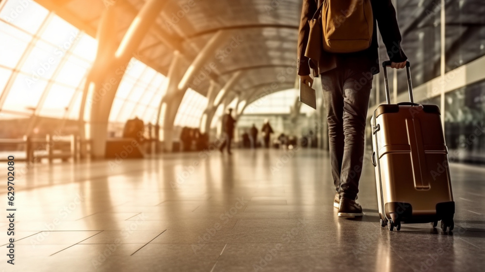Fototapeta premium Man with a suitcases walks in airport hall. Traveler waiting the plane. Back view. Scene with a place for text. AI generated