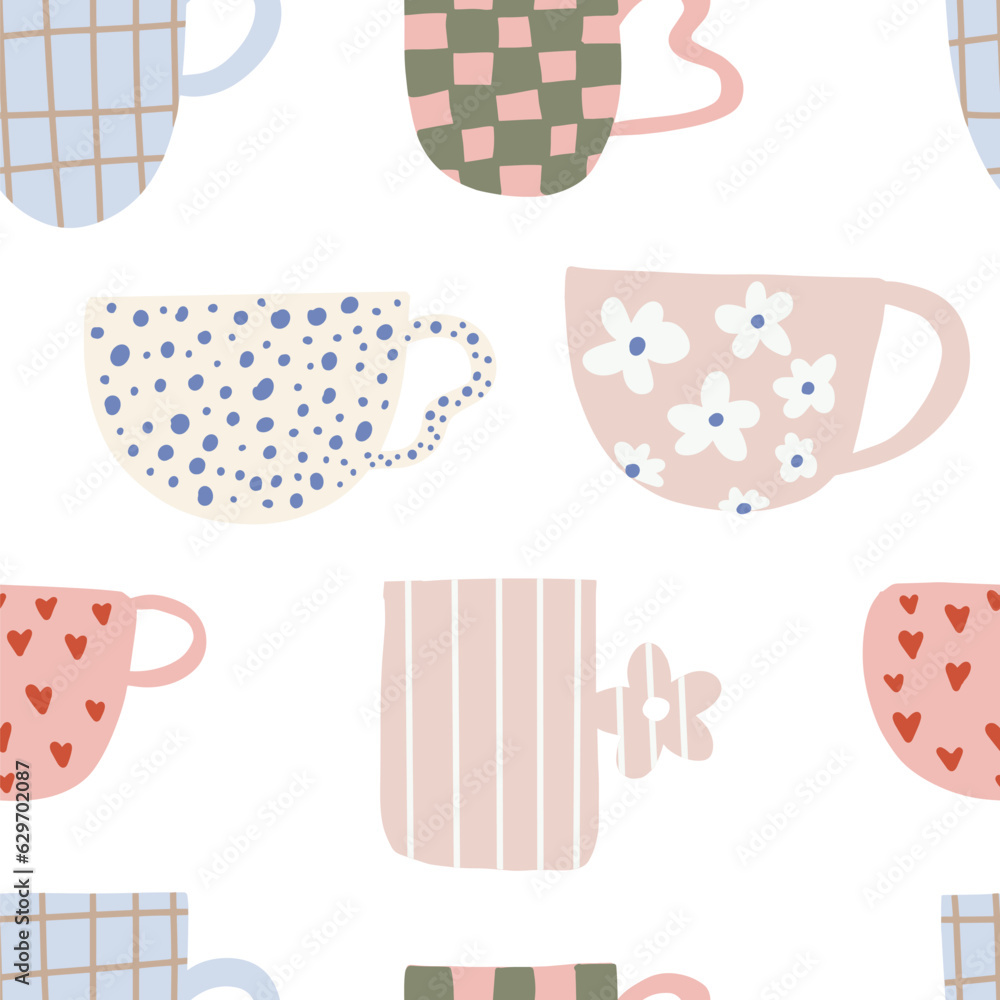 Tea coffee vintage cups pattern. Modern mug decorated with design elements. Wrapping and wallpaper design.