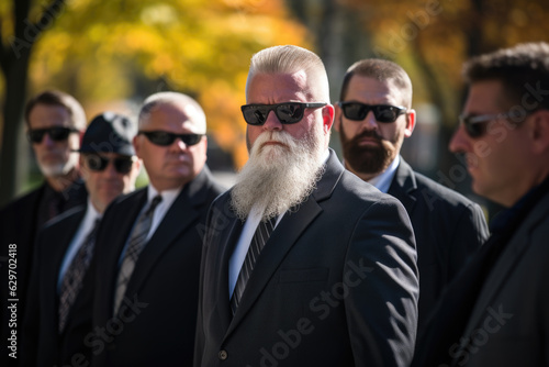 A group of men standing in a line with sunglasses. The people are wearing formal attire, with suits and ties for funeral