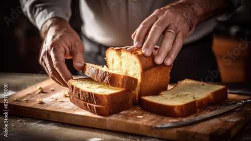 Baker slicing a Pound cake into slices