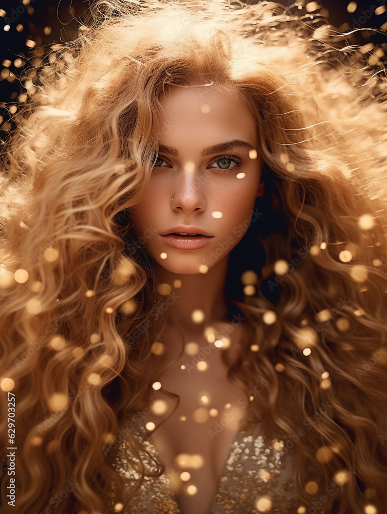 Woman with blond hair in golden dress. Gold glitter luxury and premium street syle photography for advertising product design. Fashion beautiful ai generated woman Woman with blond hair in golden dress. Gold glitter luxury and premium street syle photography for advertising product design. Fashion beautiful ai generated woman
