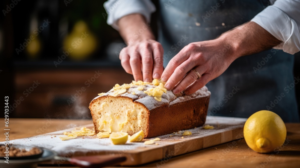 Cook cutting a lemon loaf cake into slices Cook cutting a lemon loaf cake into slices