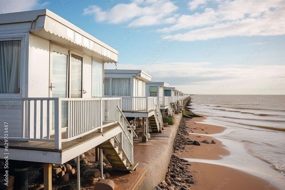 The caravan holiday park features white mobile houses and represents a quintessential English seaside resort.
