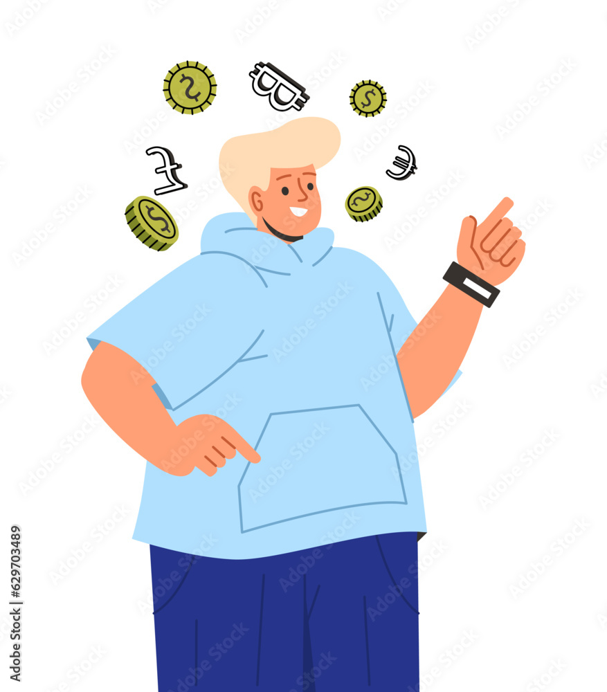 Man with money at head concept. Young guy with wealth desire. Greedy character. Sticker for social networks and messengers. Cartoon flat vector illustration isolated on white background