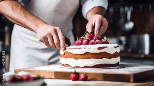 Cook cutting a cake into slices