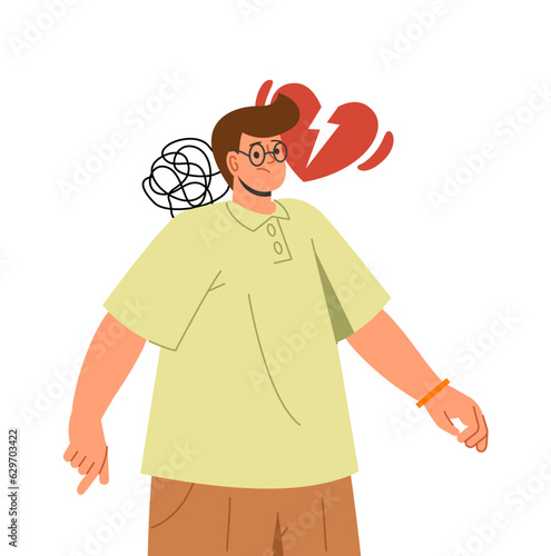 Man with broken heart concept. Character with bad thoughts. Frustration, depression and sadness. Emotional health and psychology. Cartoon flat vector illustration isolated on white background
