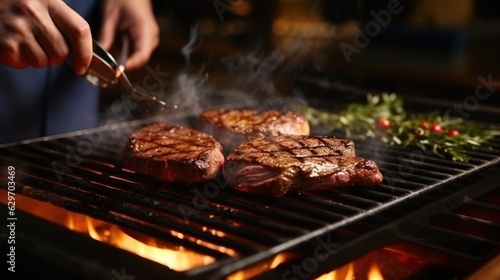 cook grilling a juicy steak in the kitchen