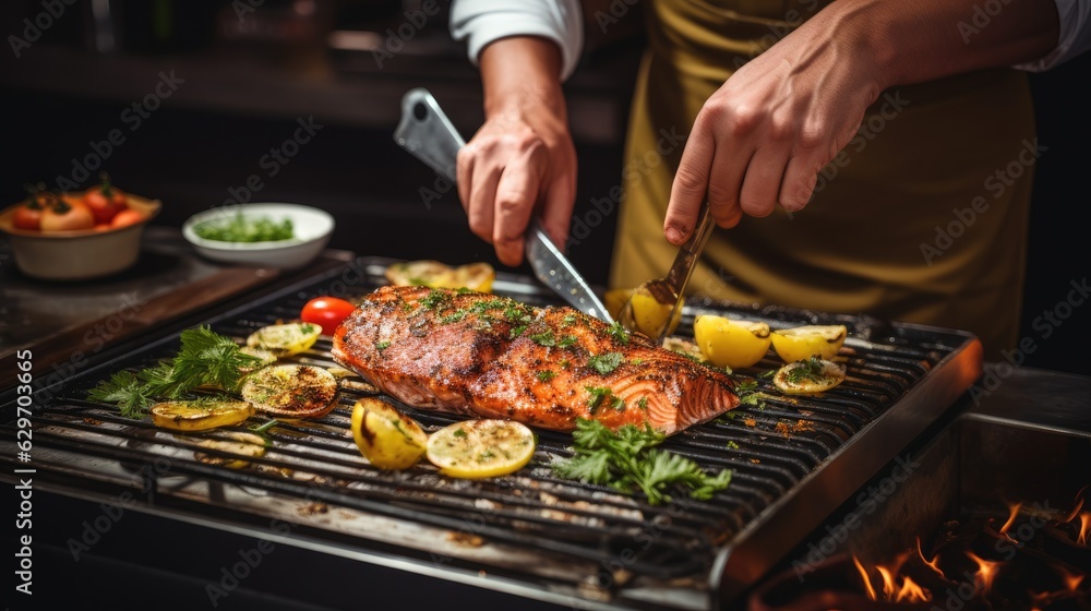 Cook preparing Grilled Salmon in a kitchen