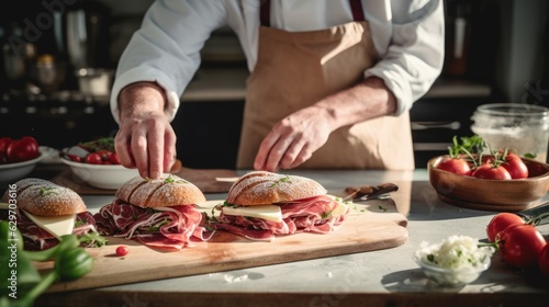 Cook preparing cheese and salami sandwiches