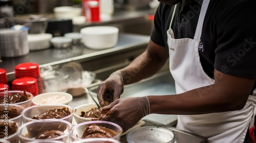 Cook preparing chocolate mousse in an American Diner