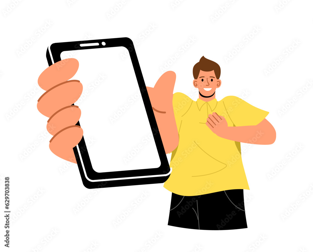 Man with blank smartphone screen concept. Young guy with phone in hand. Electronic commerce and marketing. Poster or banner. Cartoon flat vector illustration isolated on white background