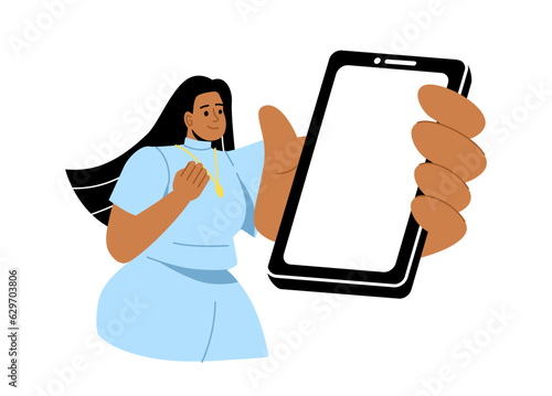 Woman with blank smartphone screen concept. Young girl with phone in hand. Blank and empty space on phone screen. Cartoon flat vector illustration isolated on white background