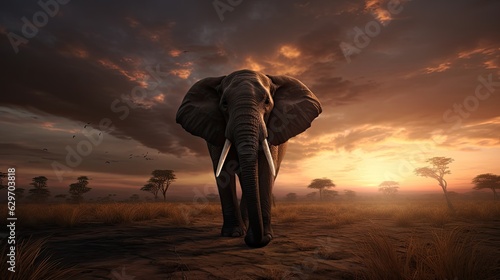 elephant at savana sunset