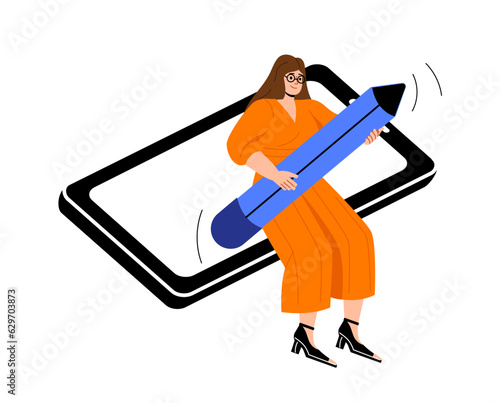 Woman with blank smartphone screen concept. Young girl with phone and big pencil. Advertising, marketing and commerce. Cartoon flat vector illustration isolated on white background