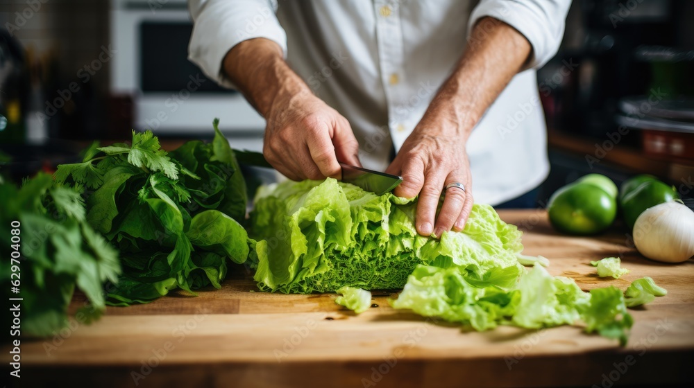 Cook slicing a Lettuce into slices