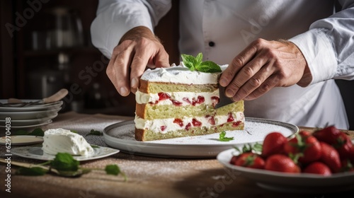 Cook slicing a Italian Cassata cake into slices © 4kclips